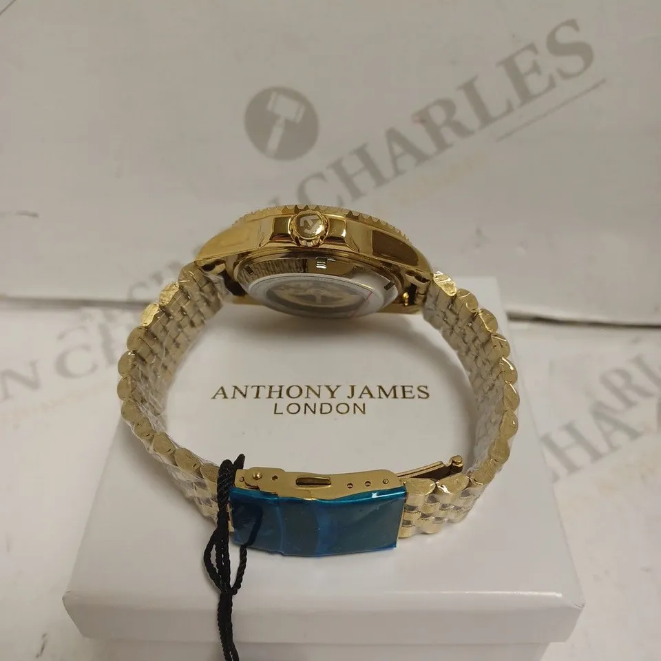 BOXED ANTHONY JAMES TACHYMETER AUTOMATIC SPORTS WATCH - STAINLESS STEEL - WATER RESISTANT. 