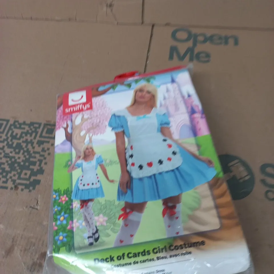 BOX OF APPROXIMATELY 8 ASSORTED ITEMS TO INCLUDE: DECK OF CARDS GIRLS COSTUME 