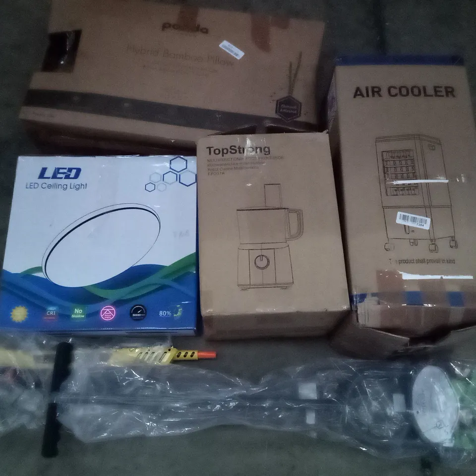 PALLET OF ASSORTED ITEMS INCLUDING AIR COOLER, MULTIFUNCTIONAL FOOD PROCESSOR, LED CEILING LIGHT, HYBRID BAMBOO PILLOW, SALT GUN, LAWN CORING AERATOR