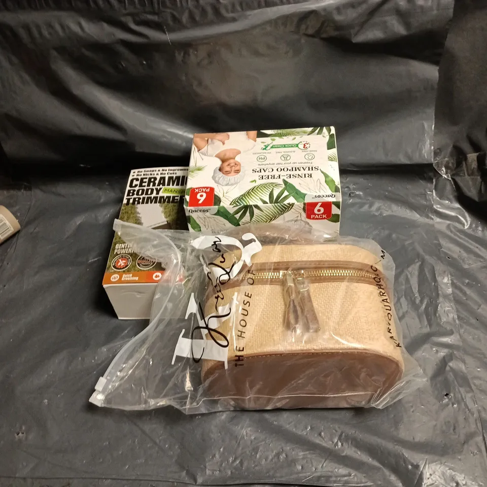 BOX OF APPROXIMATELY 10 ASSORTED COSMETIC ITEMS INCLUDING ZIP UP MAKE UP CASE, RINSE FREE SHAMPOO CAPS AND MANSPOT CERAMIC BODY TRIMMER