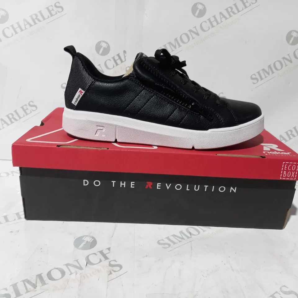 BOXED PAIR OF RIEKER LACE TRAINERS IN BLACK UK SIZE 3.5