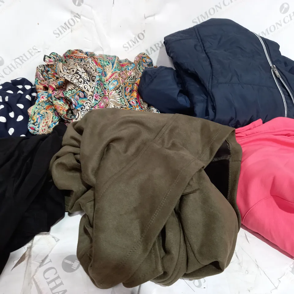 BOX OF APPROXIMATELY 20 ASSORTED CLOTHING ITEMS TO INCLUDE TOPS, DRESSES, PANTS ETC