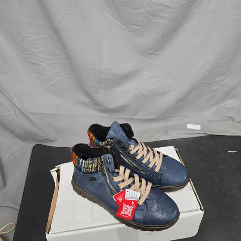 RIEKER WOMEN'S BLUE LEATHER TRAINERS WITH MULTICOLOURED KNIT COLLAR UK 4