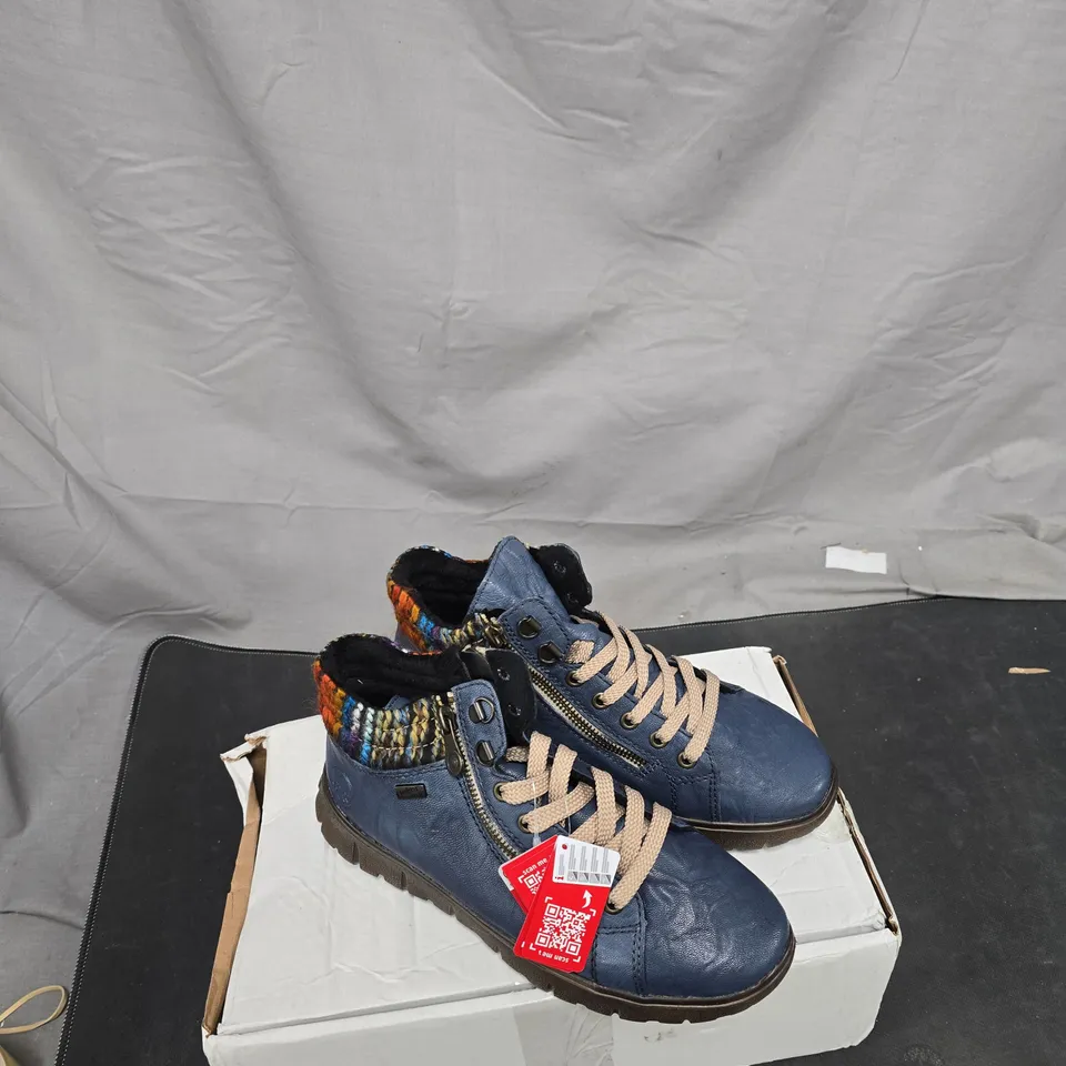 RIEKER WOMEN'S BLUE LEATHER TRAINERS WITH MULTICOLOURED KNIT COLLAR UK 4