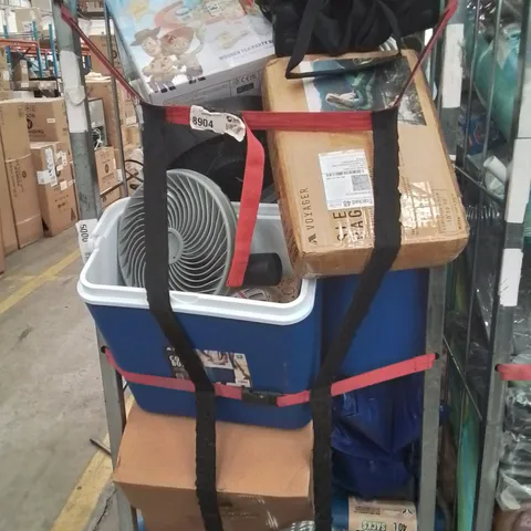 CAGE OF ASSORTED HOUSEHOLD GOODS AND PRODUCTS TO INCLUDE;COOLING BOX,FAN,SLEEPING BAG,CAMPING WAGON