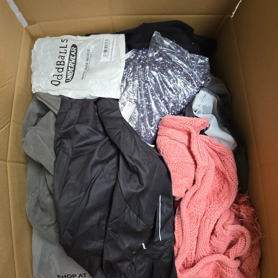 LARGE BOX OF ASSORTED CLOTHING ITEMS IN VARIOUS SIZES, STYLES AND COLOUR 