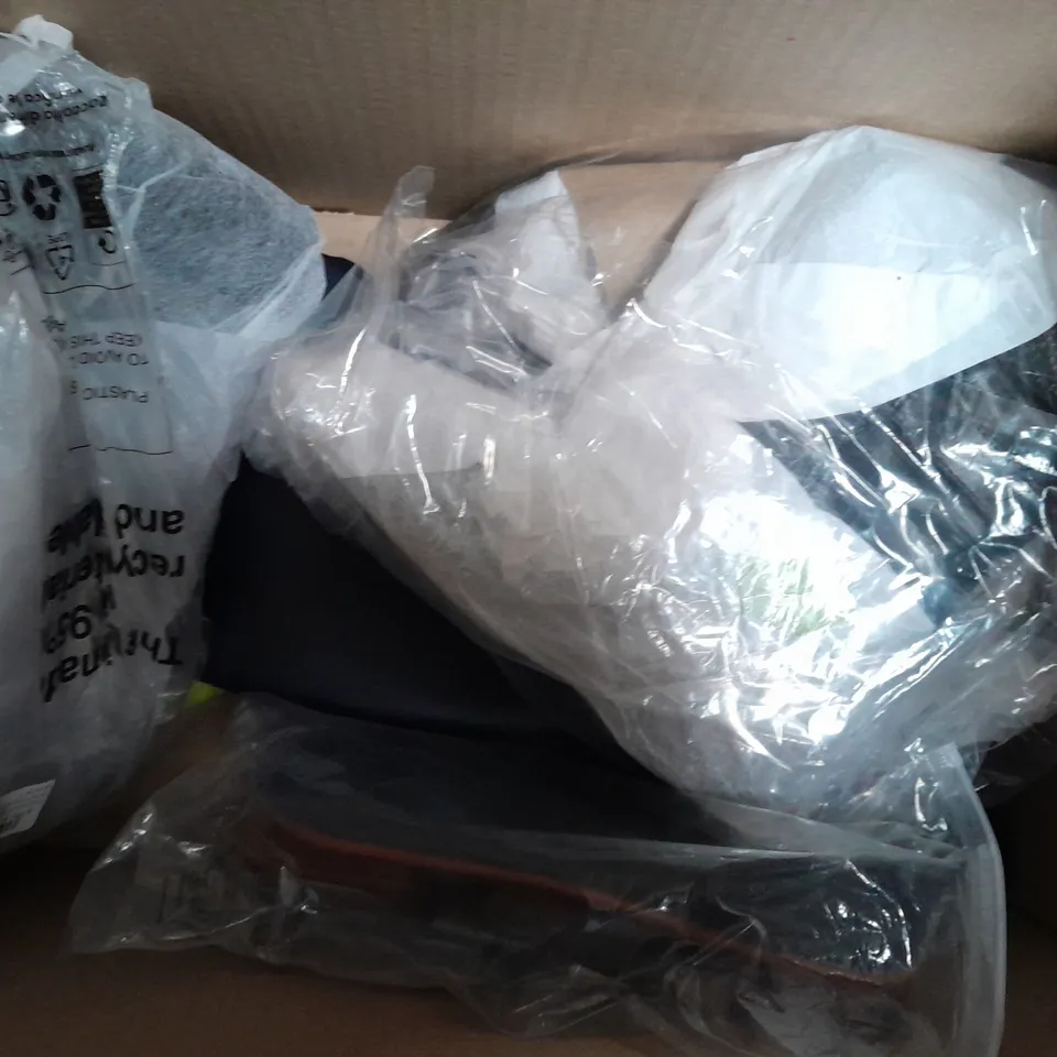 BOX OF APPROXIMATELY 5 ASSORTED PAIRS OF SHOES AND FOOTWEAR ITEMS IN VARIOUS COLOURS, STYLES, AND SIZES