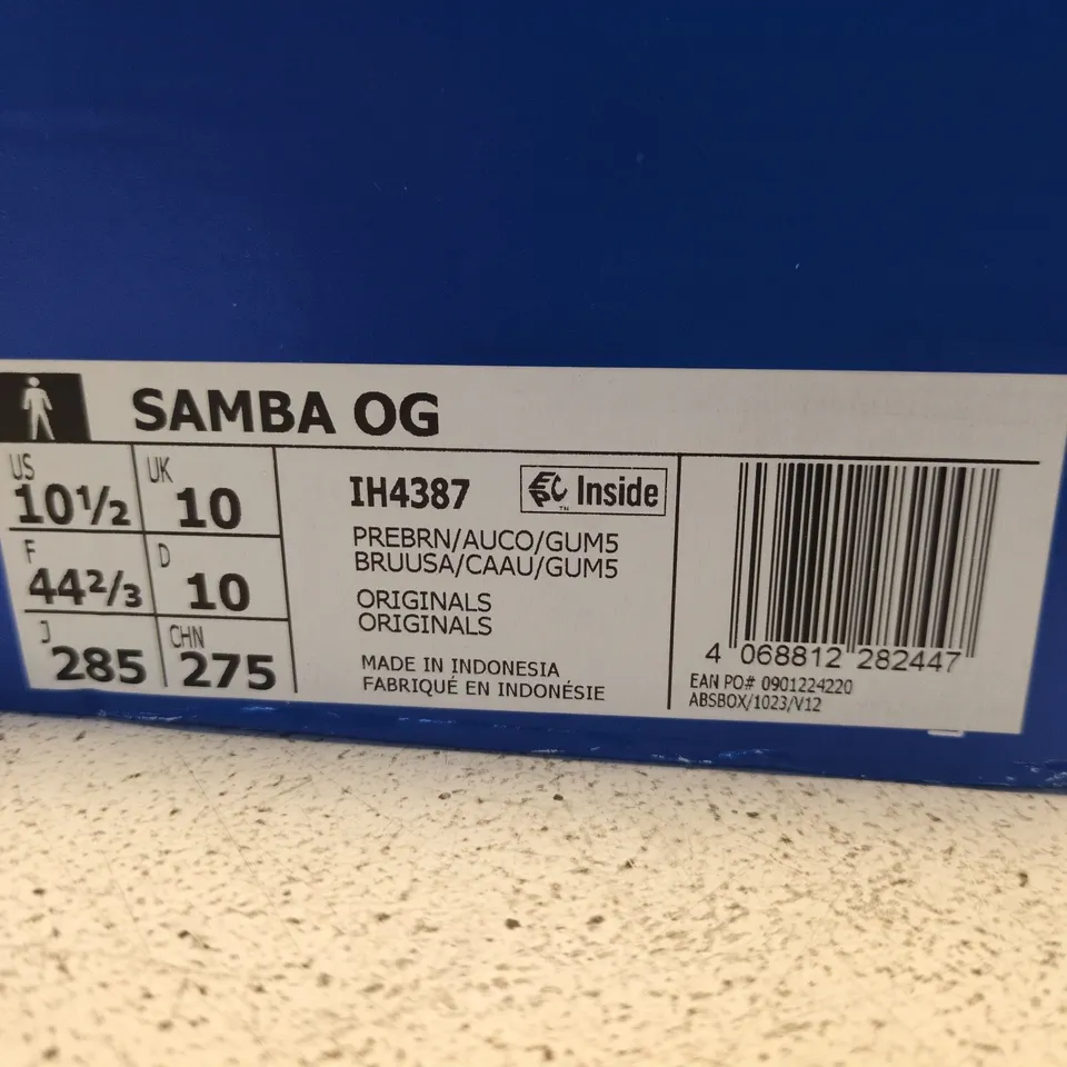 BOXED PAIR OF ADIDAS SAMBA OG TRAINERS – BROWN SUEDE, UK 10