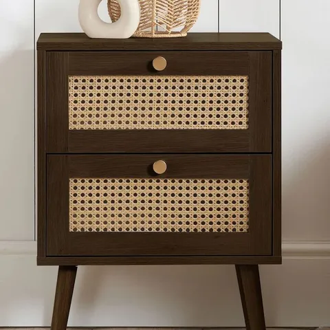 BOXED BIRLEA CROXLEY 2 DRAWER RATTAN BEDSIDE WALNUT