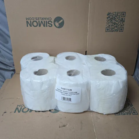 6 ROLLS X 2 PLY PHEONIX WHITE 50M WHITE HAND TOWELS CENTRE FEED 