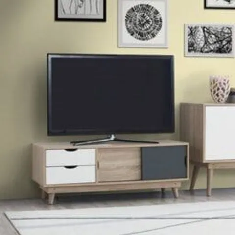 BOXED SCANDI 2 DRAWER GREY TV MEDIA UNIT FOR TVS UP TO 55" - OAK/DARK GREY/WHITE (1 BOX)