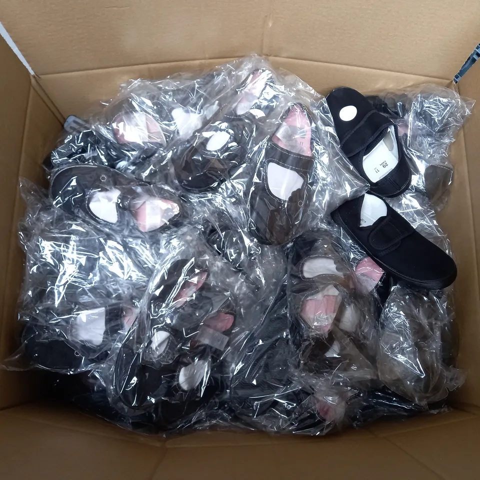 LARGE BOX OF APPROXIMATELY 40 PAIRS OF BLACK SCHOOL PUMPS IN VARIOUS SIZES