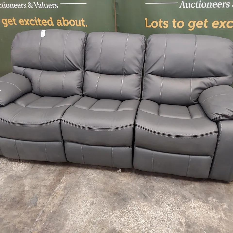 DESIGNER MANUAL RECLINING THREE SEATER SOFA GREY LEATHER BLACK PIPING & FEATURED STITCHING 