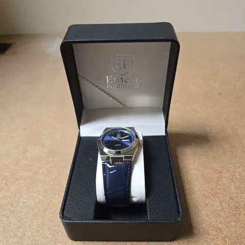 ERNEST FERDINAND EF WRISTWATCH –BLUE DIAL AND BLUE LEATHER STRAP, BOXED