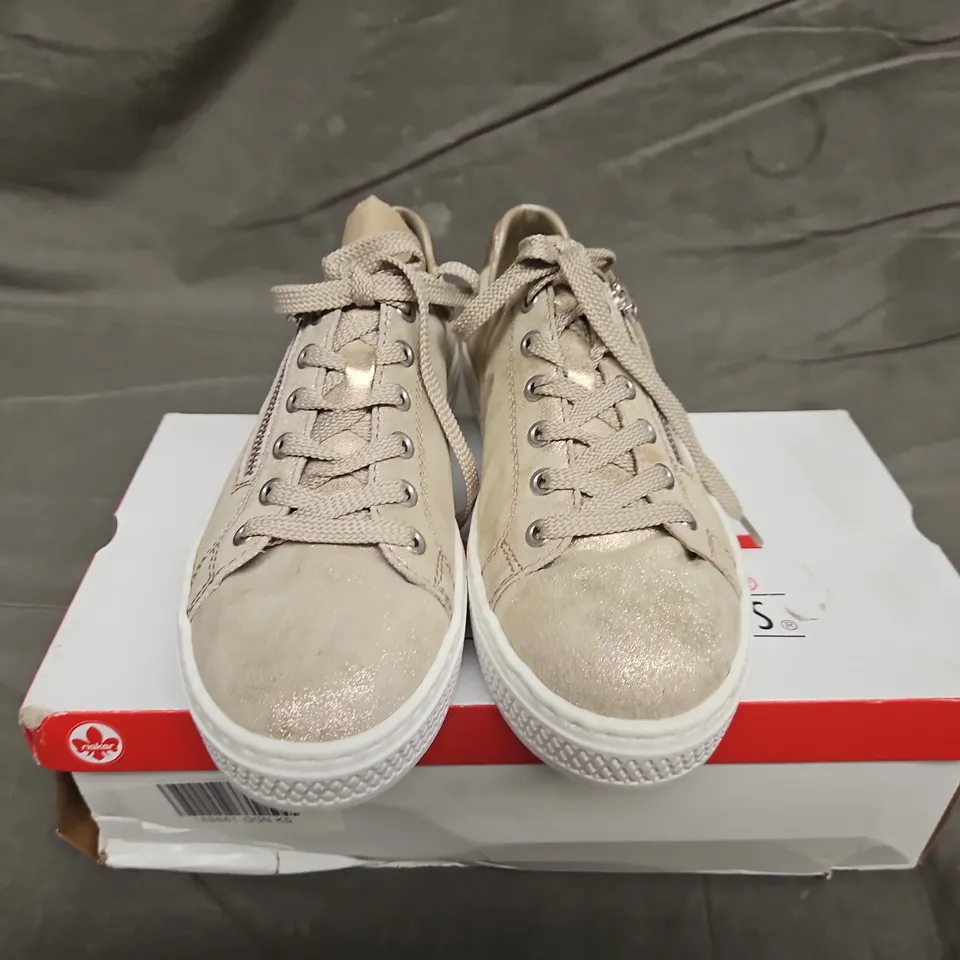 BOXED PAIR OF RIEKER TRAINERS IN METALLIC GOLD SIZE 38
