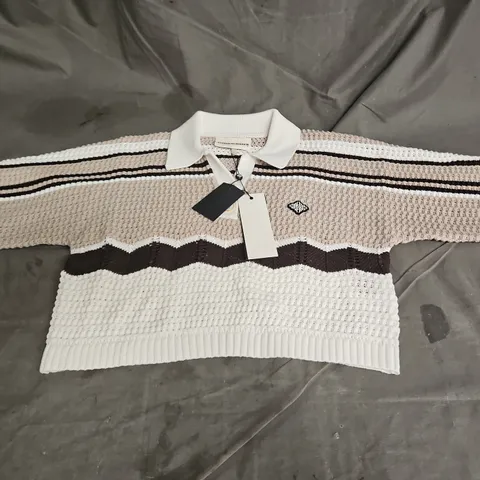 THE COUTURE CLUB STRIPE CROCHET KNITTED OPENCOLLAR SHIRT IN OFF WHITE SIZE S