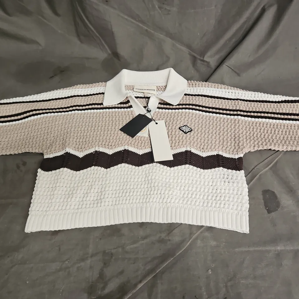 THE COUTURE CLUB STRIPE CROCHET KNITTED OPENCOLLAR SHIRT IN OFF WHITE SIZE S