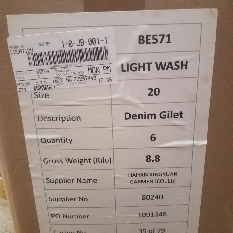 BOX CONTAINING APPROXIMATELY 6 BRAND NEW SIMPLY BE BLUE REGULAR SLEEVELESS DENIM GILETS - SIZE 20