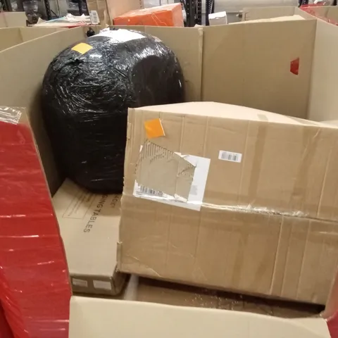PALLET OF ASSORTED HOUSEHOLD GOODS AND PRODUCTS TO INCLUDE; HANGING TABLES, CHEST OF DRAWERS, BOXED FURNITURE ETC