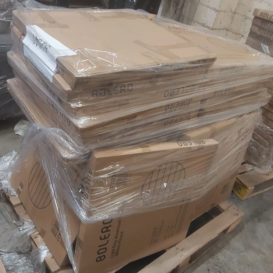 PALLET CONTAINING A VERY LARGE QUANTITY OF BRAND NEW BOLERO ALUMINIUM TABLE TOPS