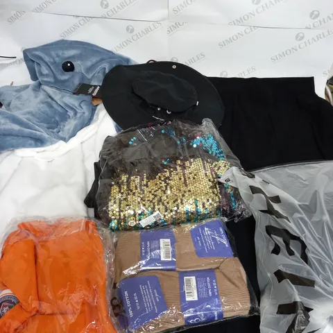 LARGE BOX OF ASSORTED CLOTHING ITEMS IN VARIOUS COLOURS AND SIZES INCLUDING TROUSERS , TOPS AND JUMPERS