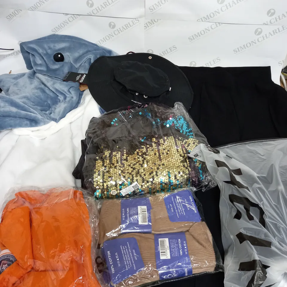 LARGE BOX OF ASSORTED CLOTHING ITEMS IN VARIOUS COLOURS AND SIZES INCLUDING TROUSERS , TOPS AND JUMPERS 
