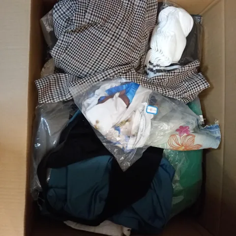 BOX OF ASSORTED CLOTHING ITEMS TOO INCLUDE DRESSES , SHIRTS AND TROUSERS IN VARIOUS SIZES AND COLOURS