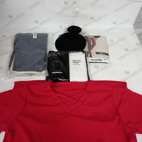 BOX OF APPROXIMATELY 25 ASSORTED CLOTHING ITEMS TO INCUDE - TIGHTS, JUMPERS , T-SHIRTS , TROUSERS,ECT