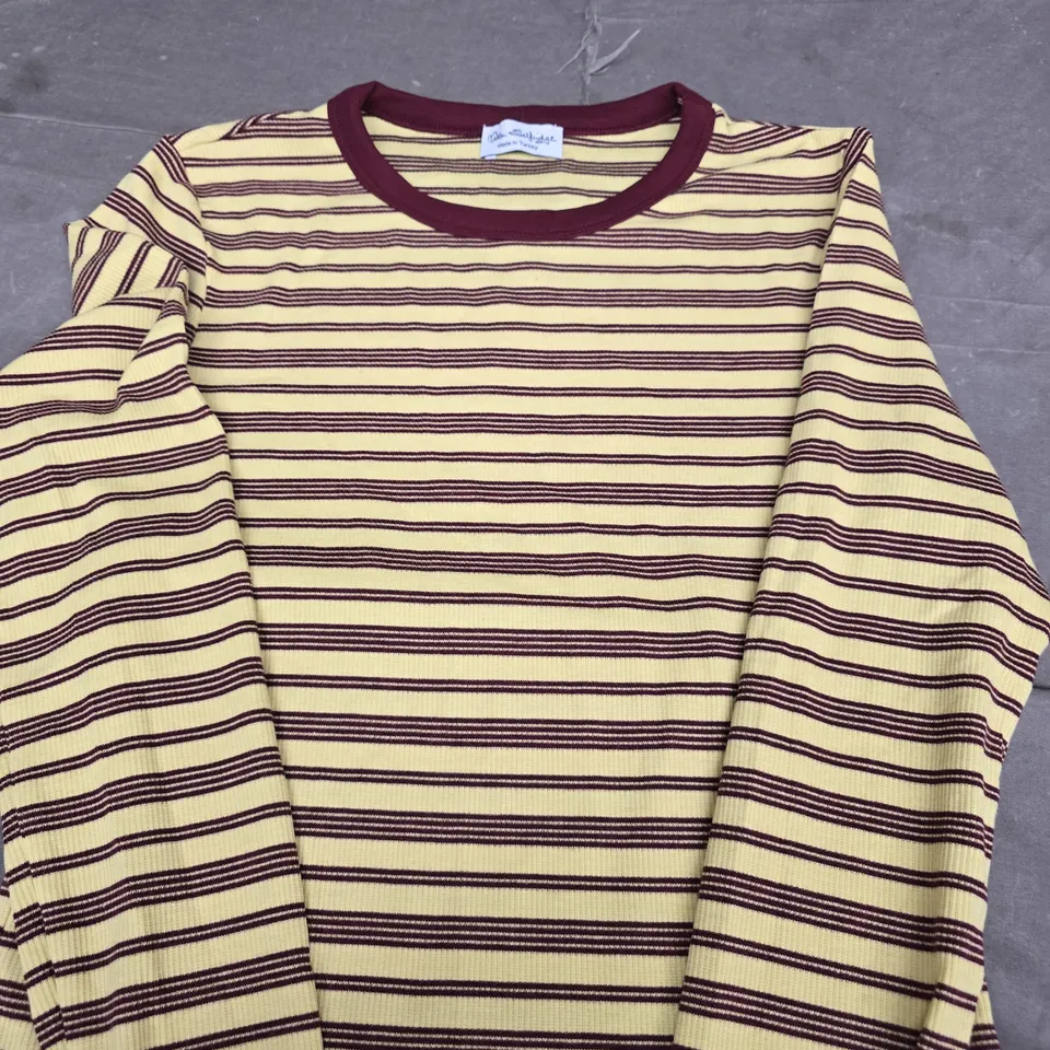 MISS SELFRIDGE STRIPED KNIT TOP, YELLOW WITH BURGUNDY STRIPES – CREW NECK SIZE 8-10