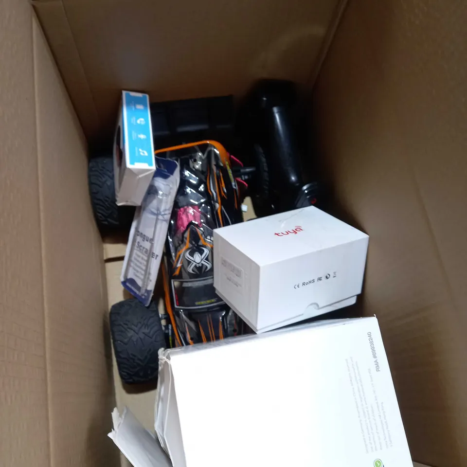 BOX OF APPROXIMATELY 5 ITEMS TO INCLUDE REMOTE CONTROL CAR, HOME MONITOR KIT, SLEEP HEADPHONES ETC