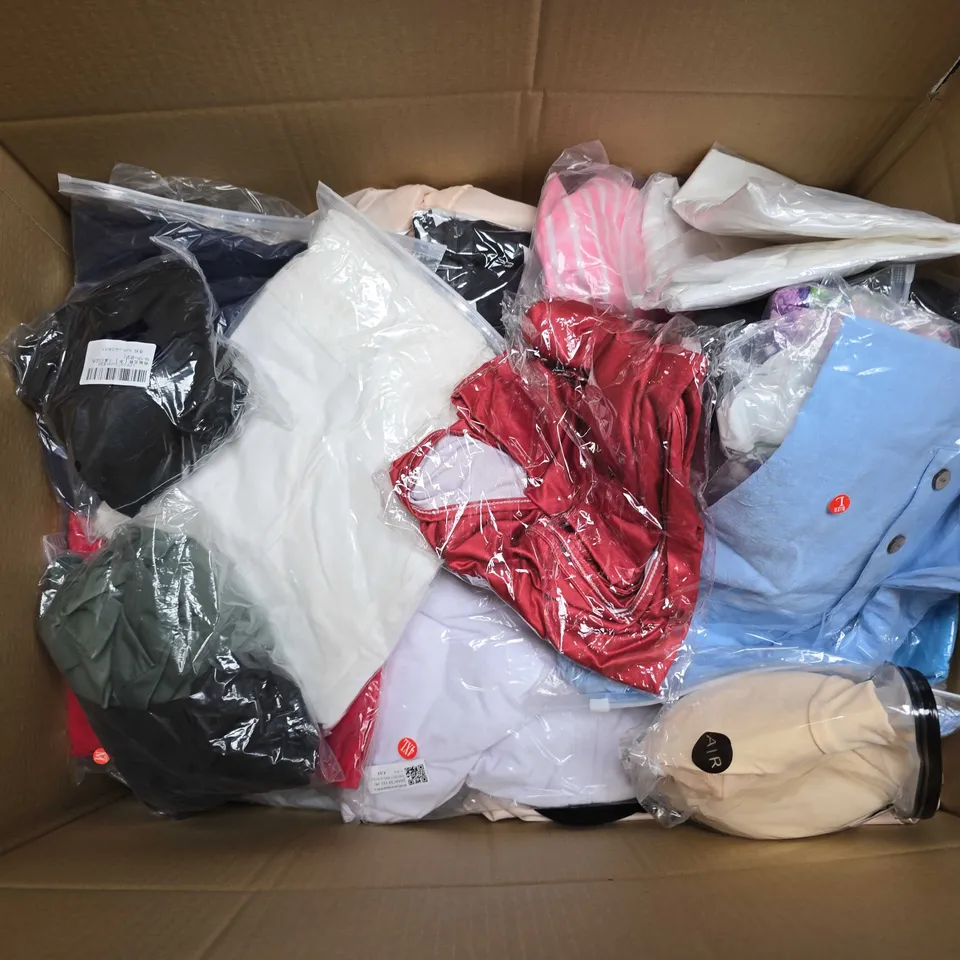 LARGE BOX OF APPROXIMATELY 20 ASSORTED CLOTHING ITEMS IN VARIOUS SIZES, STYLES AND COLOUR 