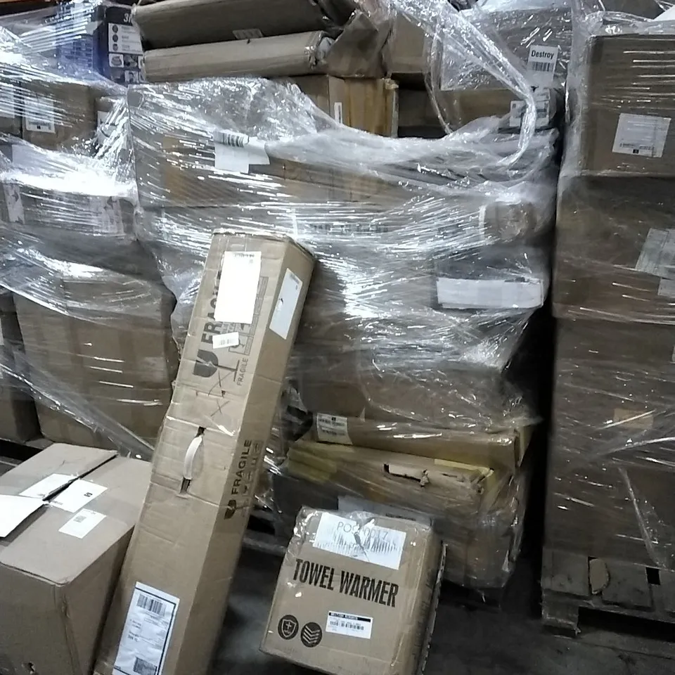 PALLET OF HOUSEHOLD ITEMS TO INCLUDE OTTOMAN POUFFE , SHOWER SYSTEM,  TOWEL WARMER AND OTHER ASSORTED ITEMS...