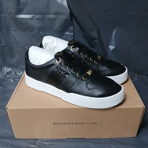 BOXED PAIR OF DUNE LONDON SIDE STRIPE BUMPER TRAINERS IN BLACK - SIZE 5