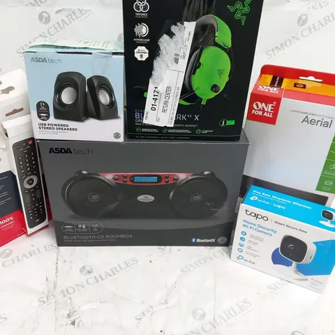 LARGE QUANTITY OF ASSORTED ELECTRICALS TO INCLUDE; ONE FOR ALL AERIAL, TAPO HOME SECURITY WI FI CAMERA, BLUETOOTH CD BOOMBOX AND USB POWERED STEREO SPEAKERS