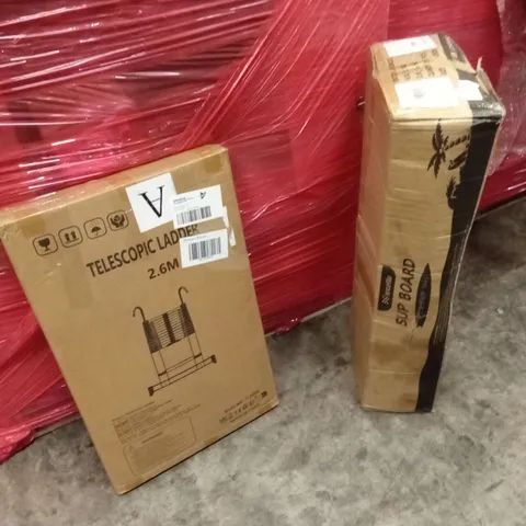 PALLET OF ASSORTED HOUSEHOLD GOODS AND PRODUCTS TO INCLUDE; TELESCOPIC LADDER, PADDLE BOARD, AIR COOLER ETC