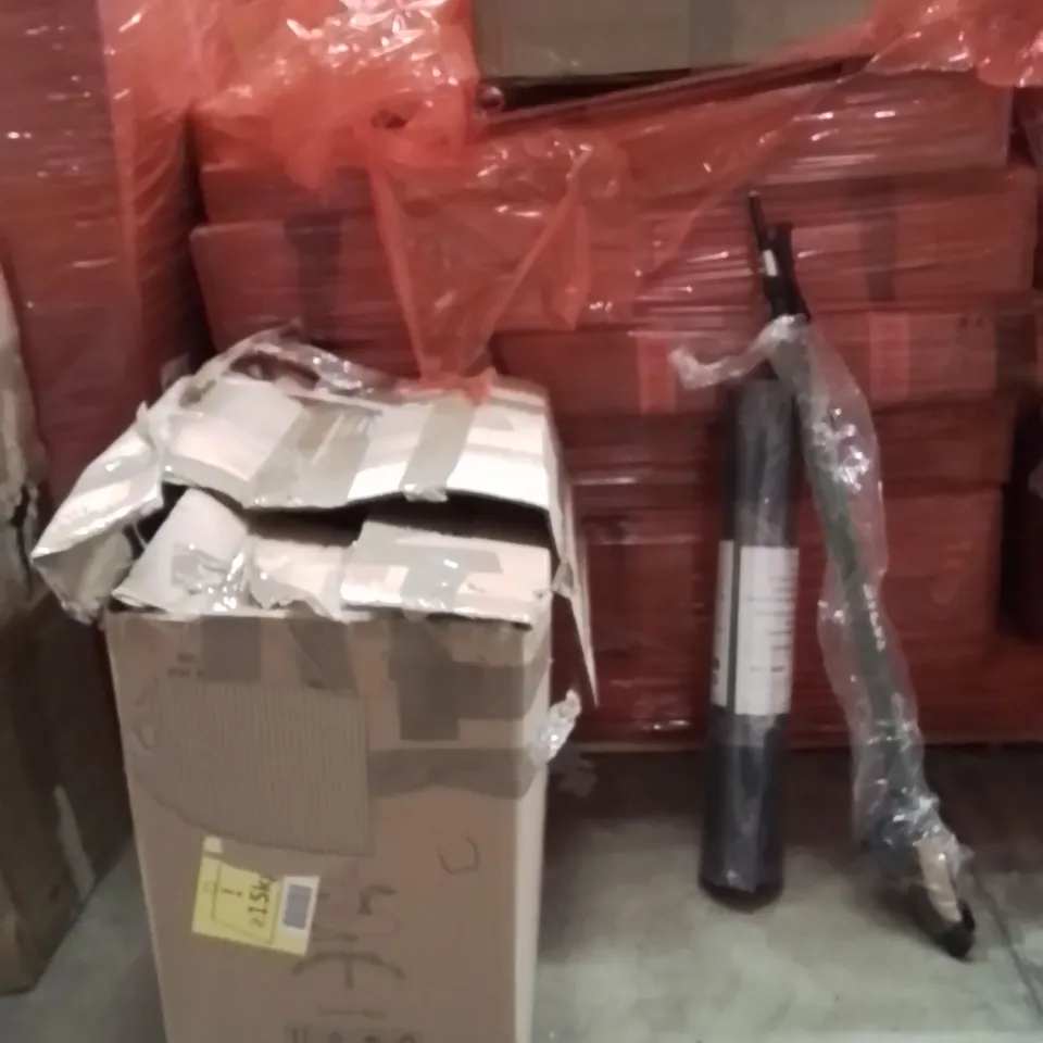 PALLET OF ASSORTED HOUSEHOLD GOODS AND PRODUCTS TO INCLUDE;OFFICE CHAIR,CHAIR MAT,HIKING STICKS 