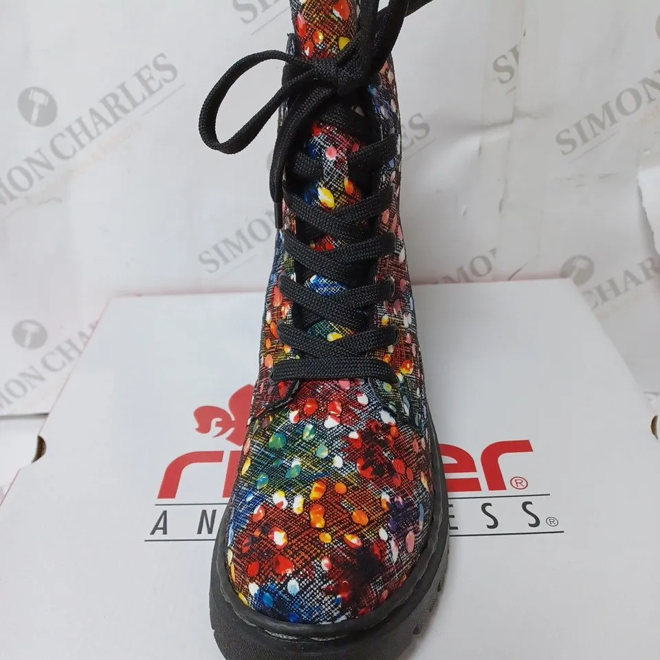 BOXED RIEKER MULTI COLOUR LACE UP BOOTS, MULTI COLOUR - SIZE 6