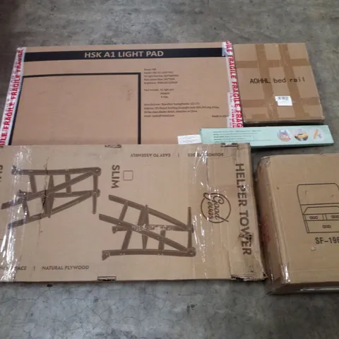 PALLET CONTAINING ASSORTED PRODUCTS INCLUDING A1 LIGHT PAD, BED RAIL, HIGH CHAIR FOOTREST, HELPER TOWER & MAKEUP ORGANISER 