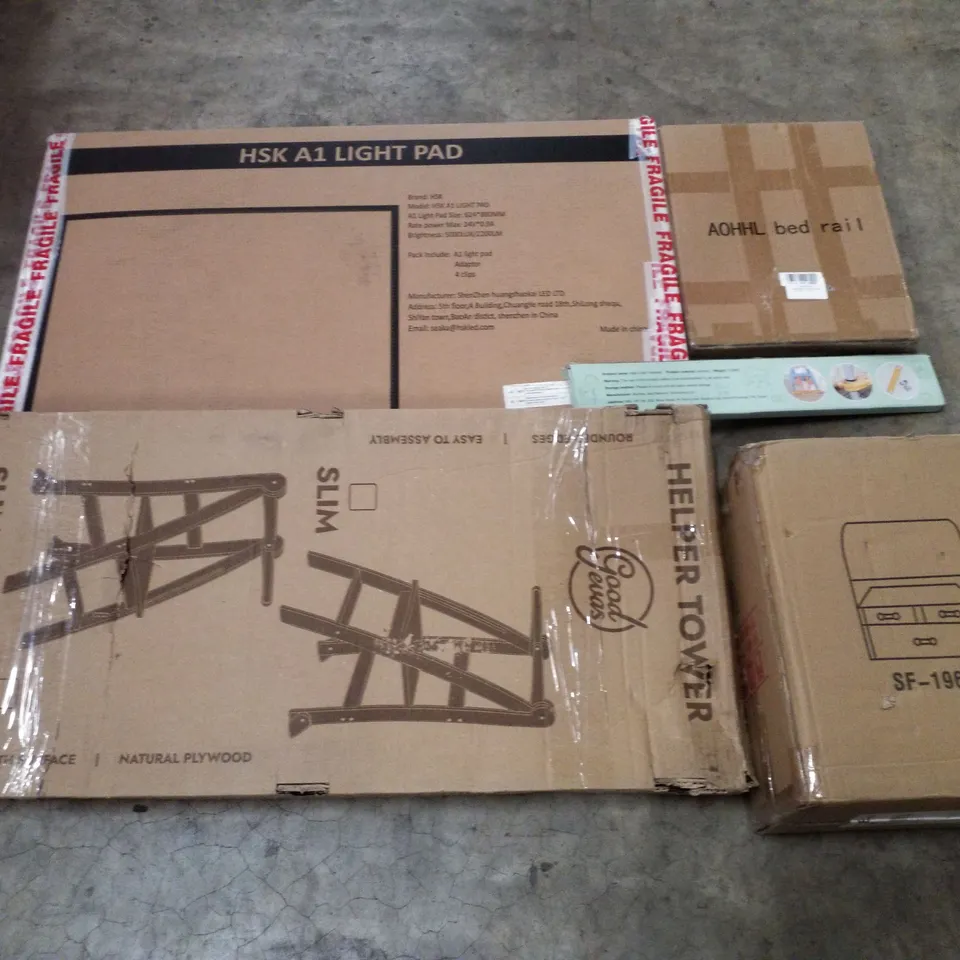 PALLET CONTAINING ASSORTED PRODUCTS INCLUDING A1 LIGHT PAD, BED RAIL, HIGH CHAIR FOOTREST, HELPER TOWER & MAKEUP ORGANISER 