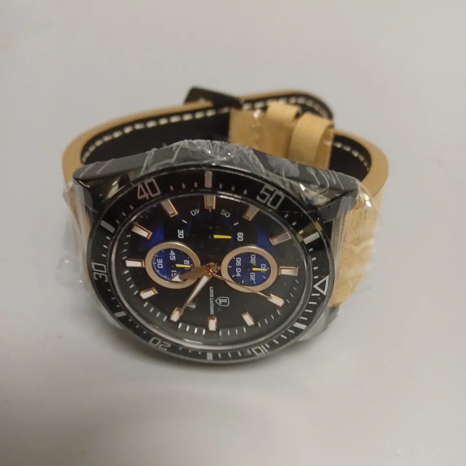 MENS LOUIS LACOMBE CHRONGRAPH WATCH – 3 SUB DIALS – BLACK CASE – LEATHER STRAP