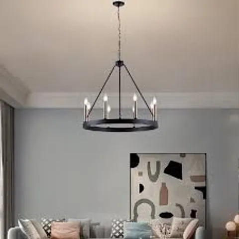 BRAND NEW BOXED 8-LIGHT WAGON WHEEL CANDLE STYLE CHANDELIER - CLASSIC BLACK & BRASS DUST