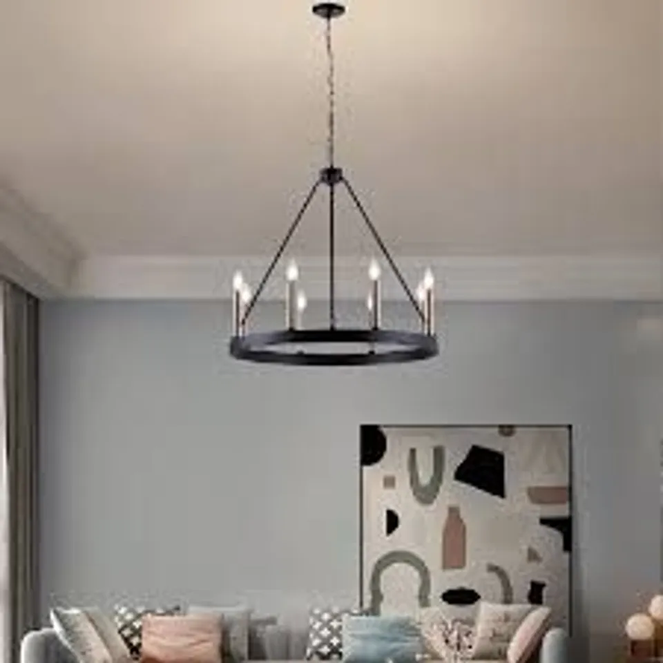 BRAND NEW BOXED 8-LIGHT WAGON WHEEL CANDLE STYLE CHANDELIER - CLASSIC BLACK & BRASS DUST