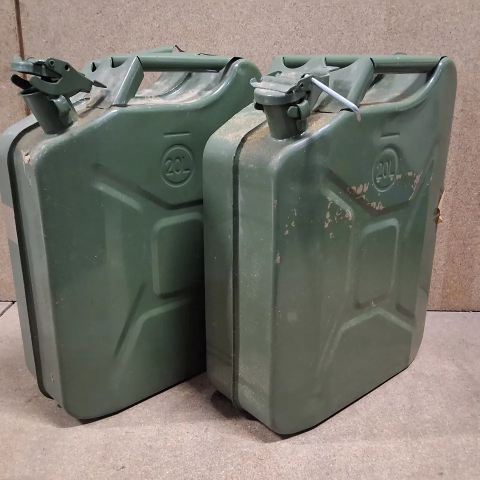LOT OF 2 GREEN METAL 20L LIQUID STORAGE CONTAINERS 