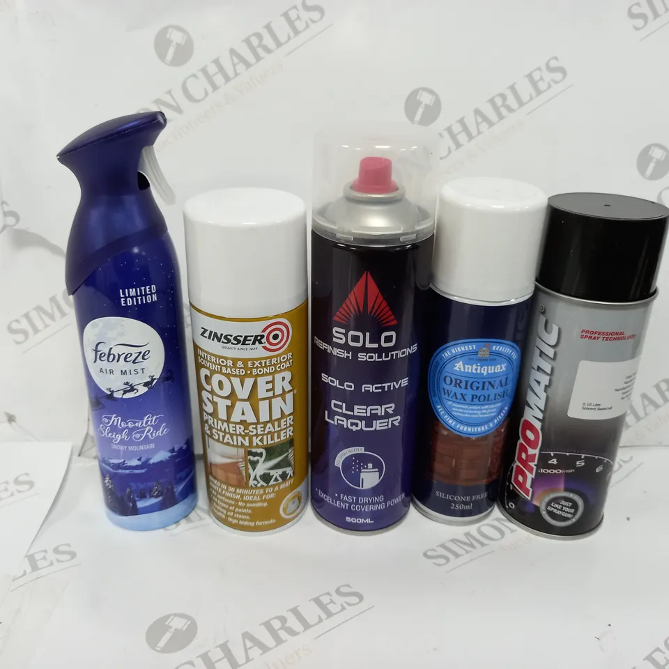 BOX OF APPROX 10 ASSORTED AEROSOLS TO INCLUDE - FABREZE AIR MIST - SOLO CLEAR LAQUER - COVER STAIN ECT