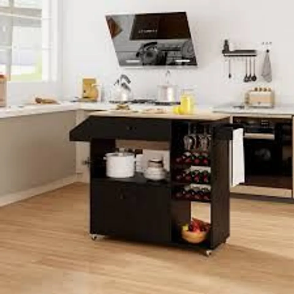 BOXED COSTWAY DROP LEAF KITCHEN ISLAND CART MOBILE BUFFET SERVING CART - BLACK