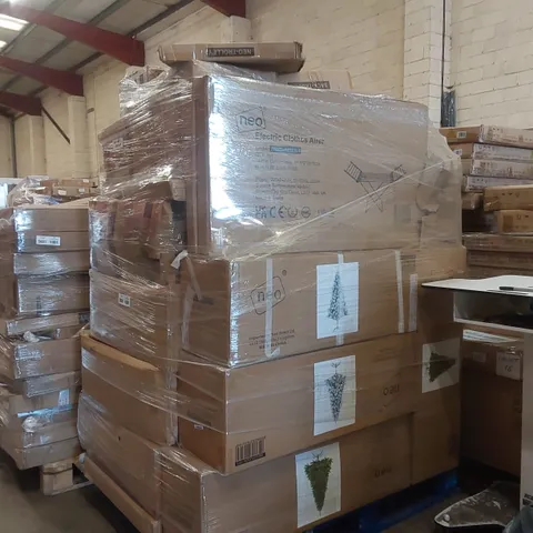 PALLET CONTAINING A LARGE QUANTITY OF ASSORTED NEO PRODUCTS INCLUDING: 4x 7FT ARTIFICIAL CHRISTMAS TREES, TROLLEY, DEHUMIDIFIER, ELECTRIC BLANKET, ELECTRIC CLOTHES AIRER, OFFICE CHAIR ECT