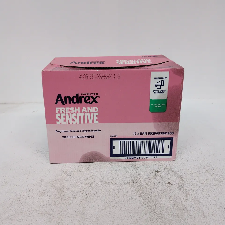 12 x ANDREX FRESH & SENSITIVE TOILET WIPES – 30 WIPES, BOXED