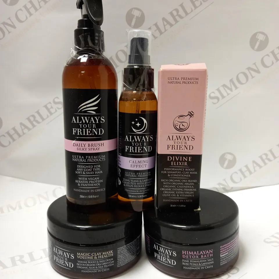 LOT OF 5 ASSORTED ALWAYS YOUR FRIEND PRODUCTS TO INCLUDE DAILY BRUSH TEXTURE SPRAY, PINK HIMALAYAN SALT, MAGIC CLAY MASK, ETC