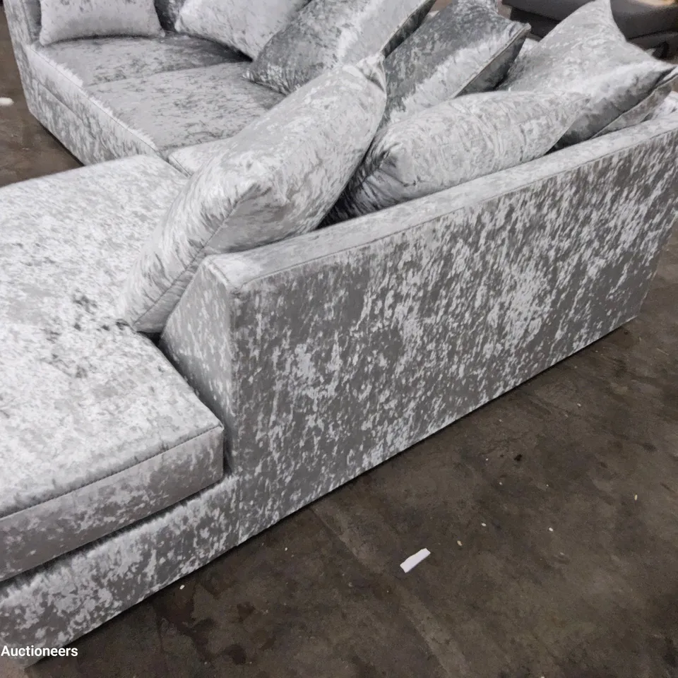 DESIGNER CHAISE SOFA WITH SCATTER CUSHIONS CRUSHED SILVER VELVET