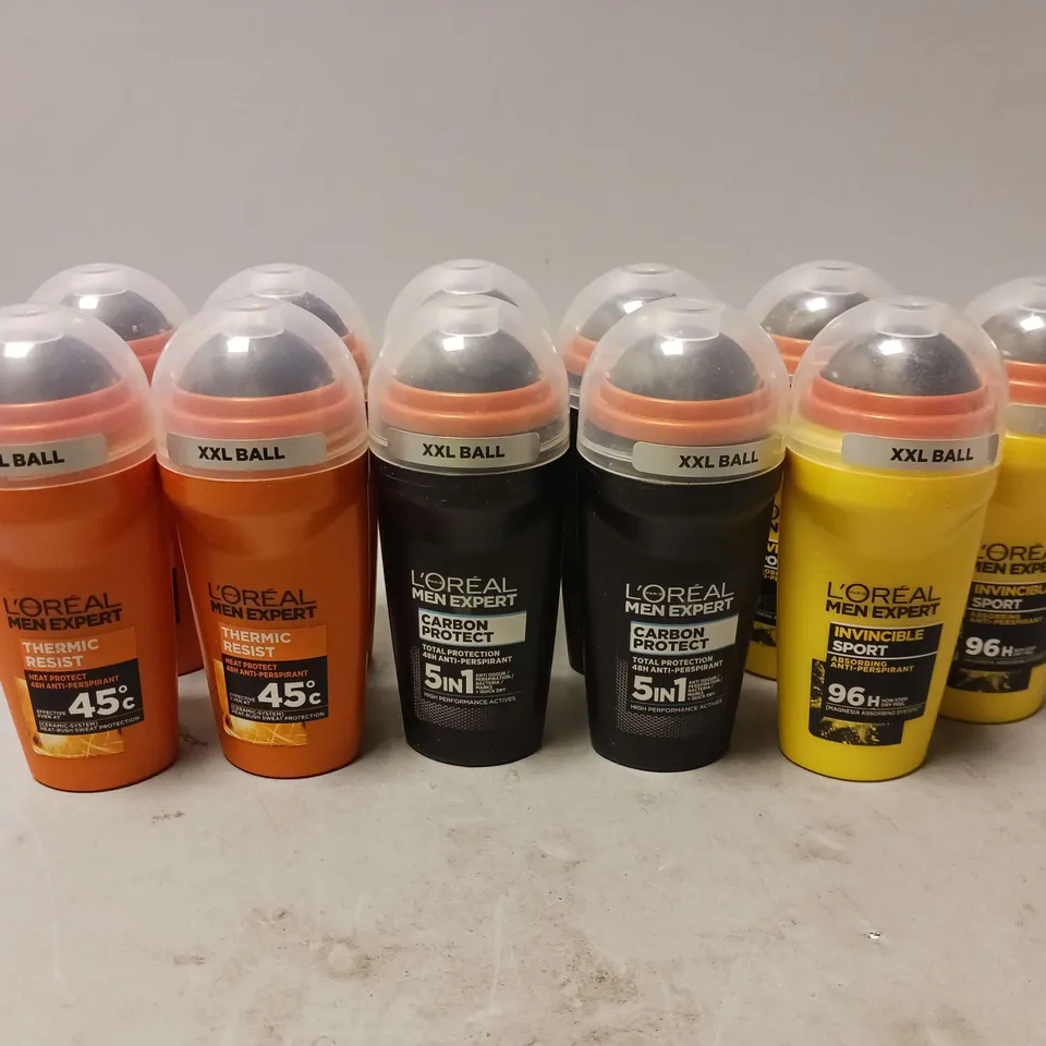 APPROX 10 ASSORTED L'OREAL MEN EXPERT ROLL ON ANTIPERSPIRANT IN THERMIC RESIST (50ML), CARBON PROTECT (50ML) AND INVINCIBLE SPORT (50ML)